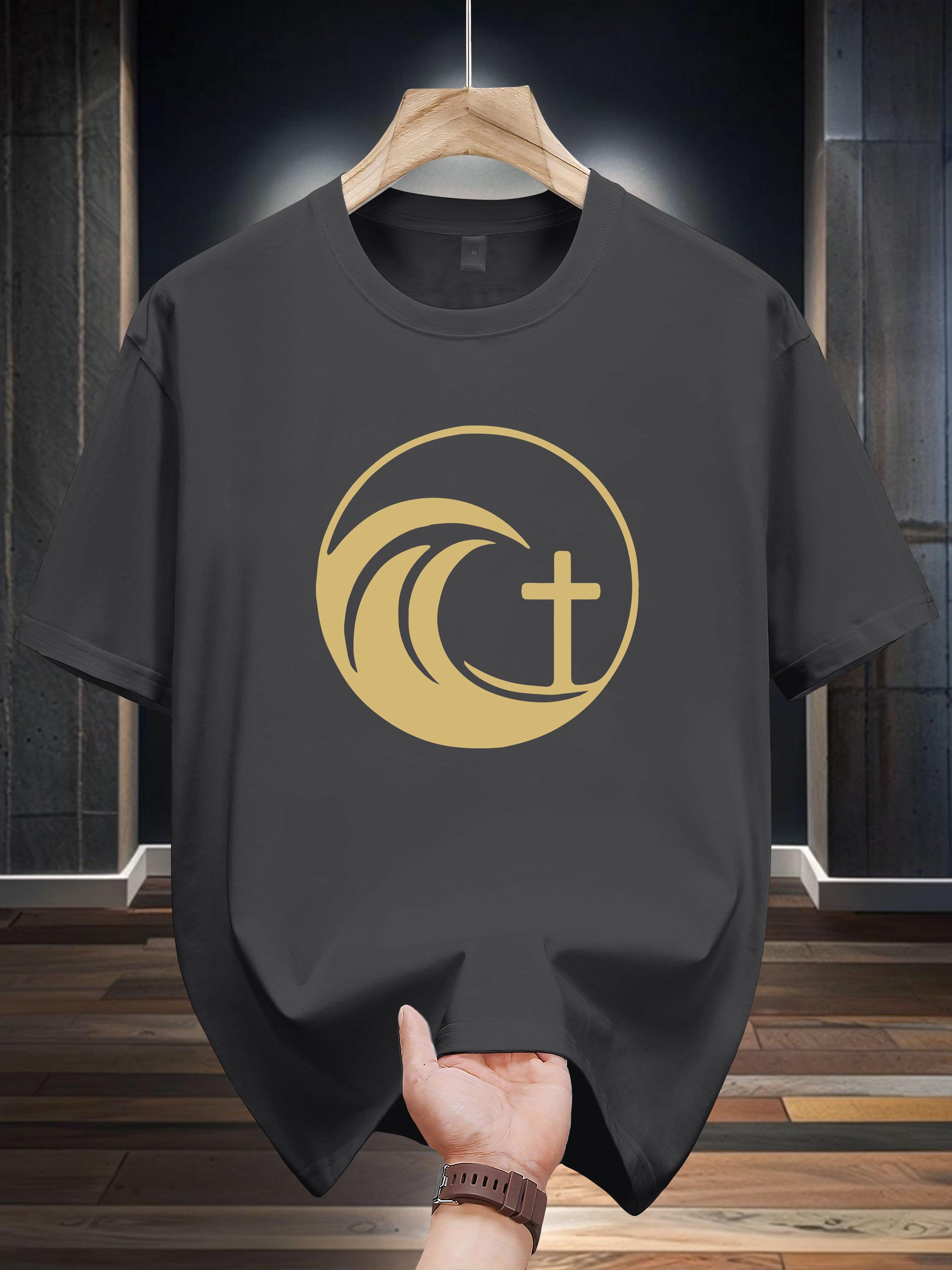 Niuwang Selection 200g 100% Cotton Short Sleeve T-shirt - White Casual Crew Neck Tee with Geometric Circle & Cross Design L
