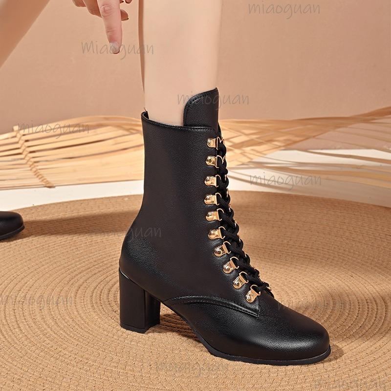 Autumn Winter Plus Size 36-43 Women's High Heel Leather Boots Lace Up Comfortable Ankle Boots for Women Botas Mujer Black Batas