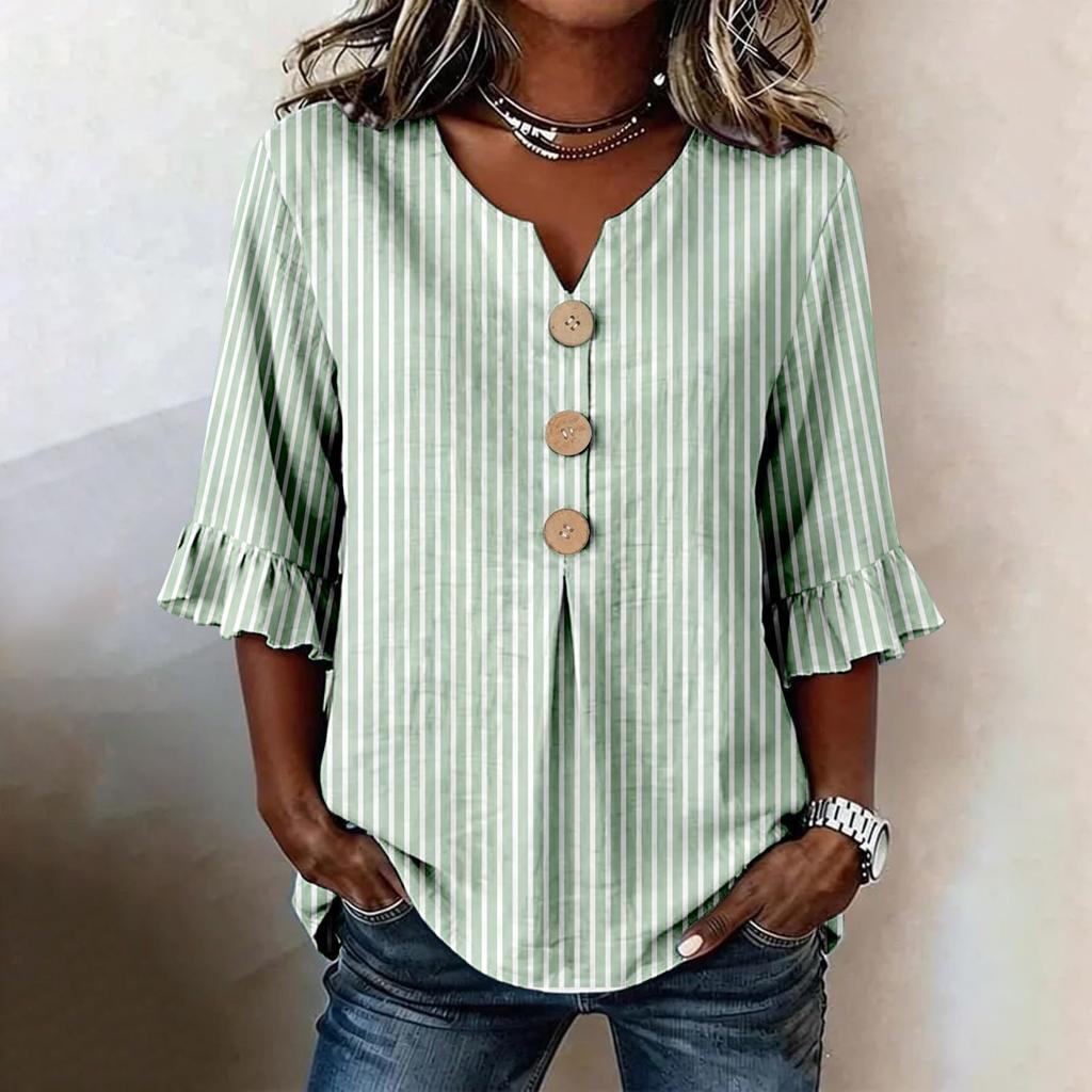 Womens V Neck Striped Print Button Loose Fit Ruffle Sleeve Blouse Casual Relaxed Fit Top for Everyday Wear