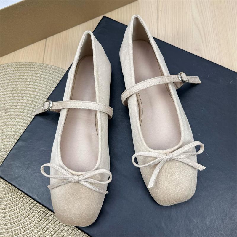 Fashion Flat Shoes for Women Suede Square Toe 2025 Spring and Autumn New Bow Flat Bottom Mary Jane Shoes Plus Size Women's Shoes 43 44