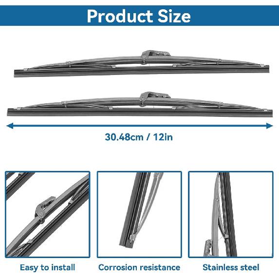 Front Windshield Wiper Blades, 12in/30.48cm Stainless Steel Polished Windshield Wipers Universal Quiet Wiper Blades for Auto Car