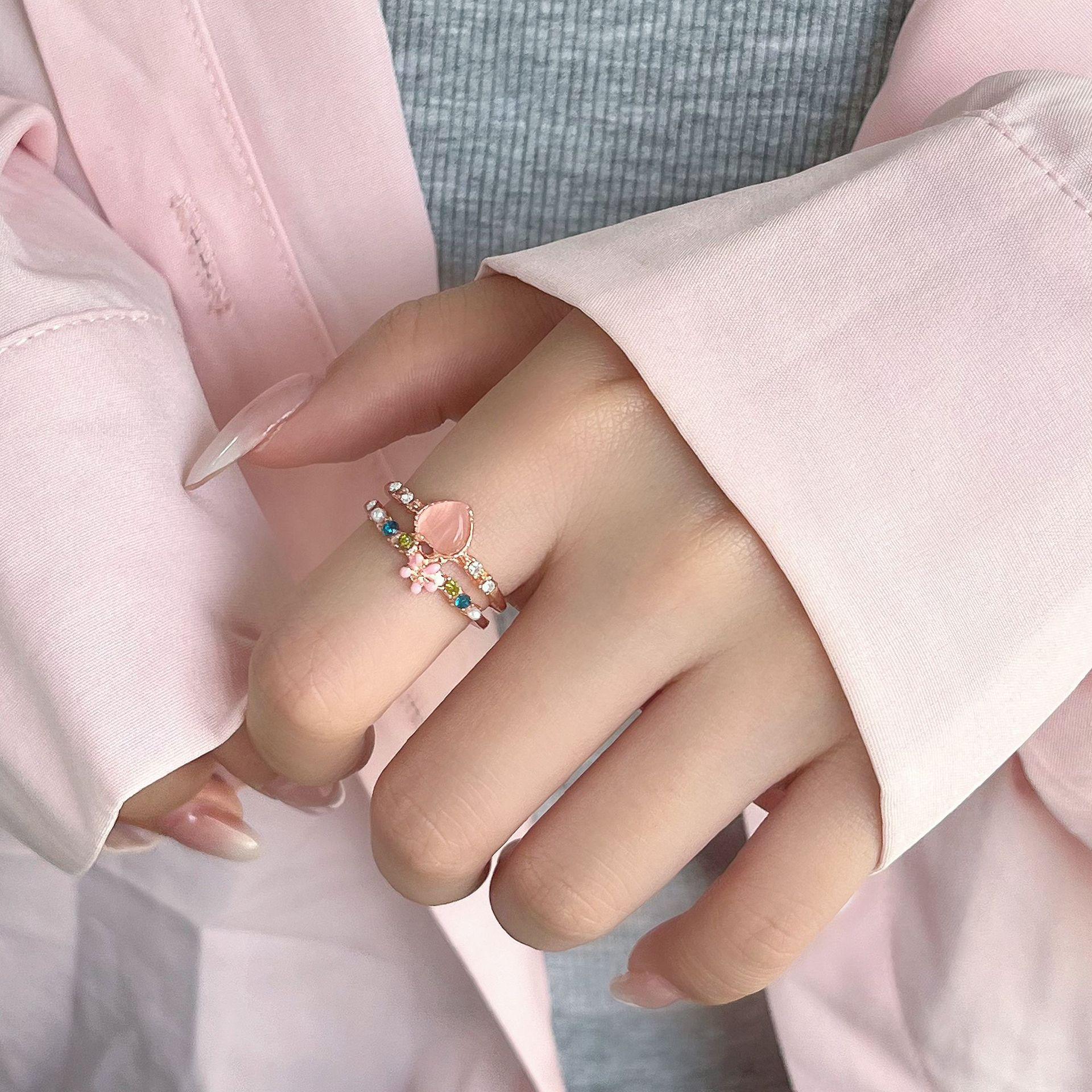 Rose Gold Heart Ring with Colorful Gem Inlays - Sweet Girly Open Design Adjustable Open
