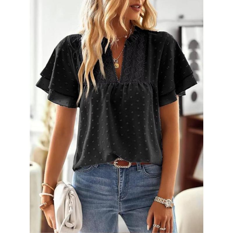 Women's Solid Color V-Neck Blouse Shirt Ladies Fashion CLace Trim & Swiss Dot Accents Blouse