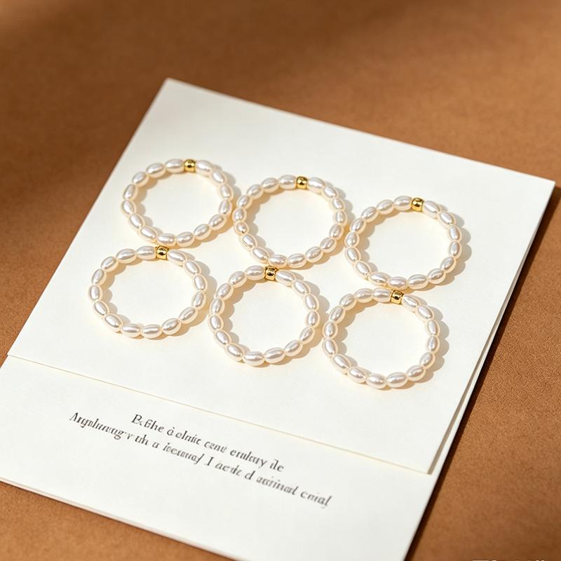 Women's Small Rice Bead Elastic Ring Natural White Freshwater Pearls Copper-Gilded Spacer Beads Trendy Exquisite Commuting