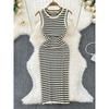 Summer New Temperament Crew Neck Sleeveless Stretch Waist Hip Knitted Dress No Slit Sleeve Hip-Wrapped Mid-Length Dress