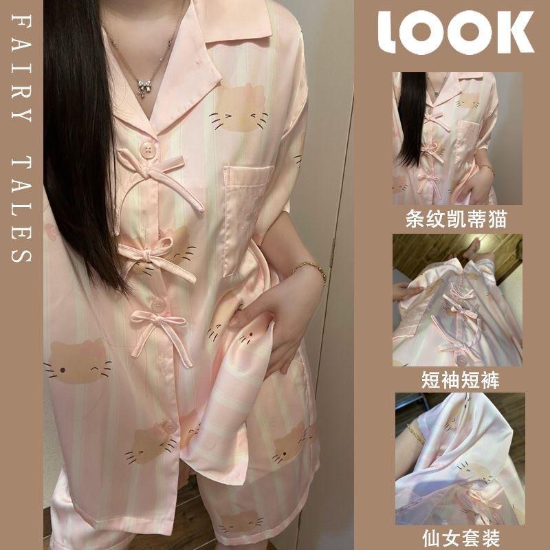

Bow high-end Hello Kitty pajamas women s cardigan short-sleeved shorts two-piece set soft cute ins style loungewear S