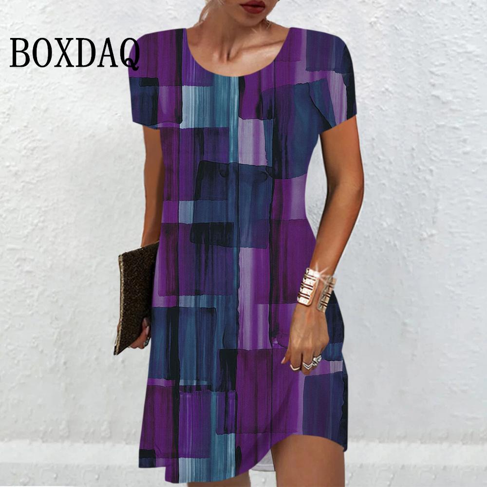 Tie Dye Striped Geometry Dress Women 2024 New Clothes Fashion Summer Casual O-Neck Short Sleeve Mini Dress Vintage Ladies Dress