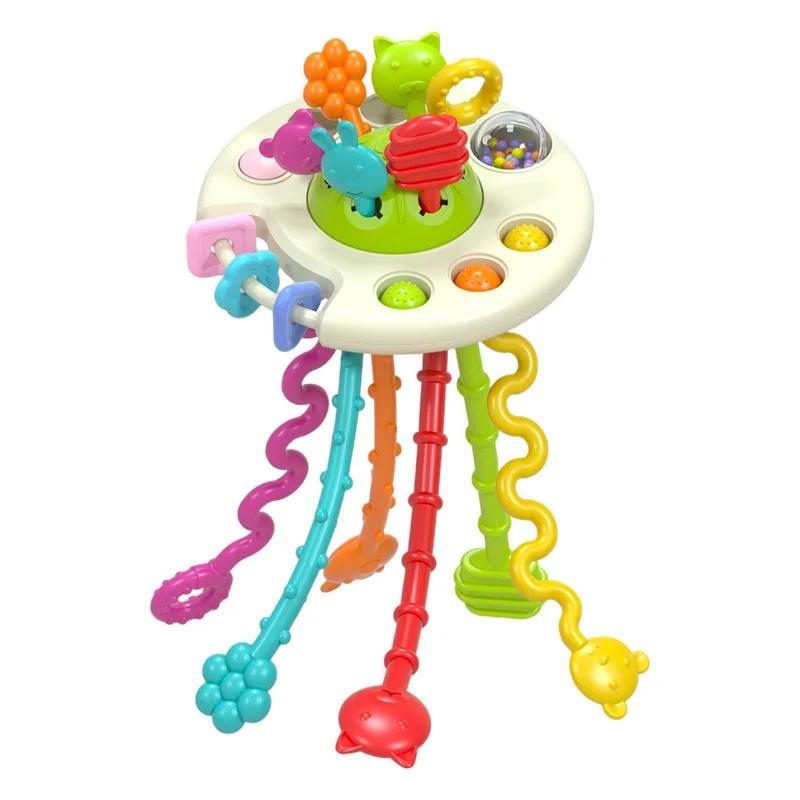 Baby Flying Saucer Rocket Pull String Teether Toys Montessori Sensory Educational Finger Grasp Training Early Cute Learning Toys