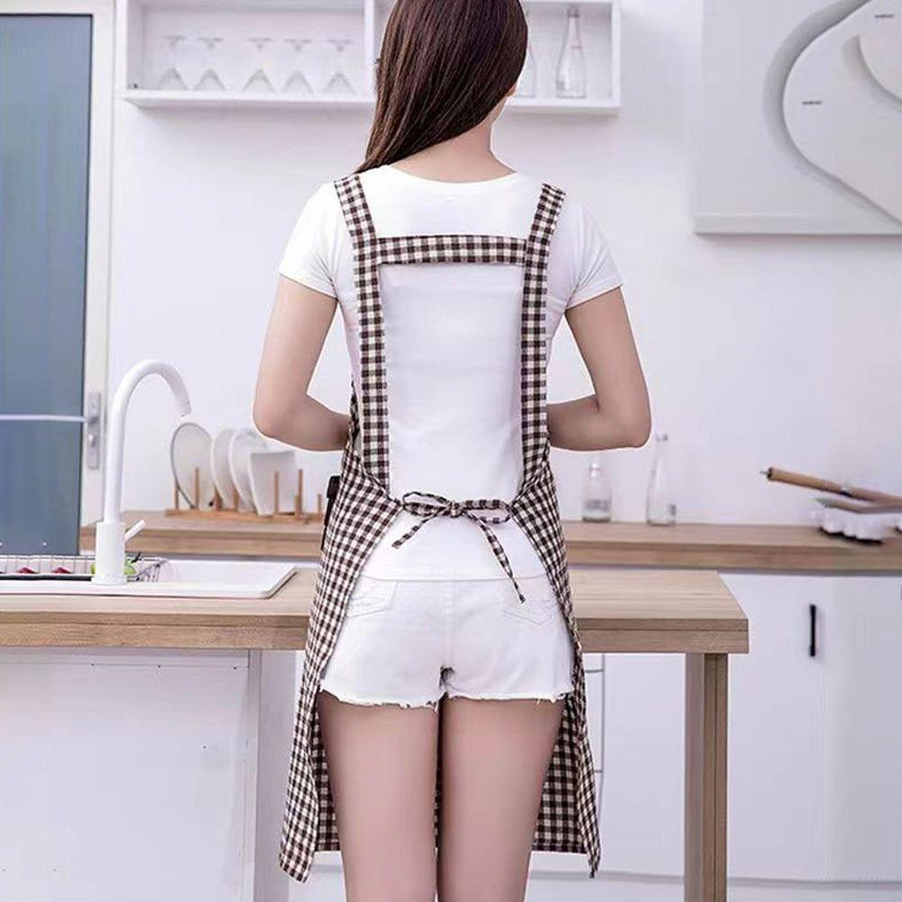 Household Plaid Women Apron Cotton Overalls Oil-proof Chef Aprons Large Pocket Cooking Apron Home Cooking