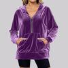 Women's Solid Color Hooded Loose Long Sleeved Zipper Pocket Gold Velvet Top Sweatshirt