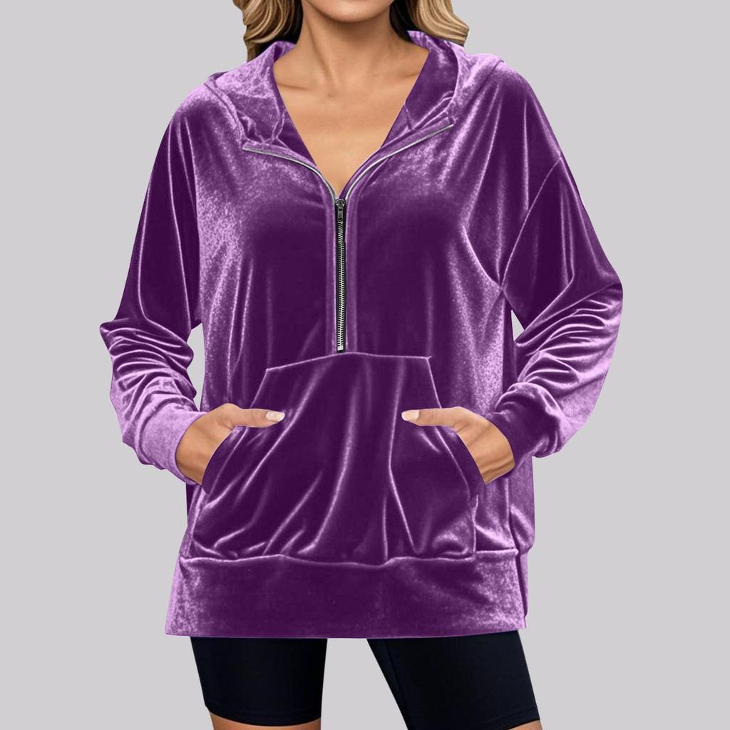 Women's Solid Color Hooded Loose Long Sleeved Zipper Pocket Gold Velvet Top Sweatshirt