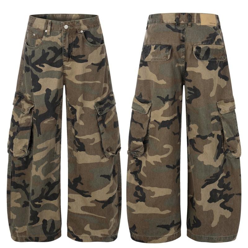 Mens Camo Cargo Pants Loose Fit Wide Leg Streetwear Trousers Cotton Workwear Casual Outdoor