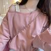 Süße Rosa Cropped Hoodies Y2k Kleidung Damen Katzenstickerei Schulterfrei Locker Kordelzug Rundhals Sweatshirt