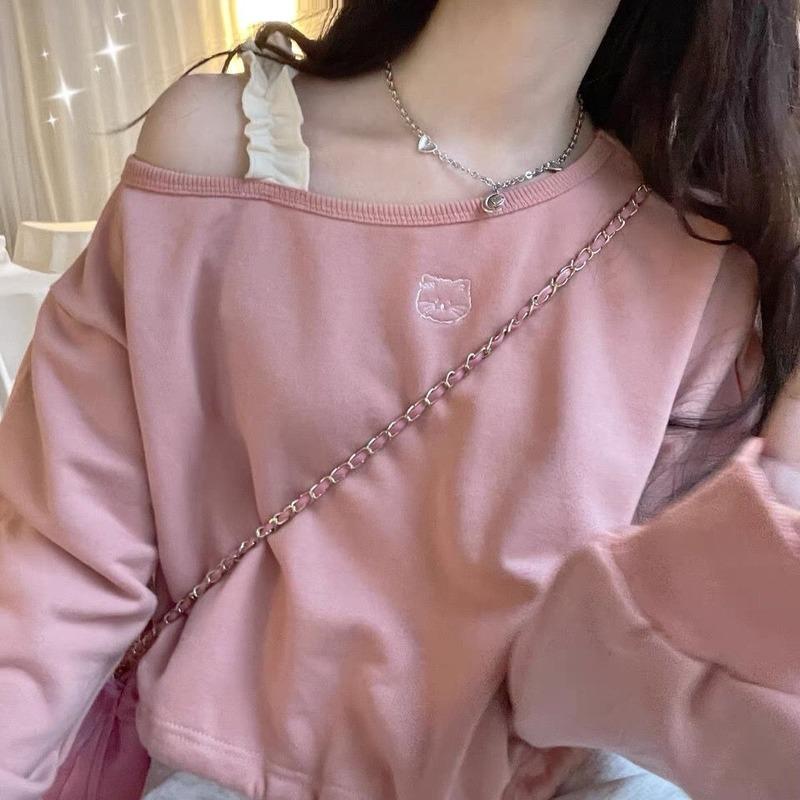 Süße Rosa Cropped Hoodies Y2k Kleidung Damen Katzenstickerei Schulterfrei Locker Kordelzug Rundhals Sweatshirt