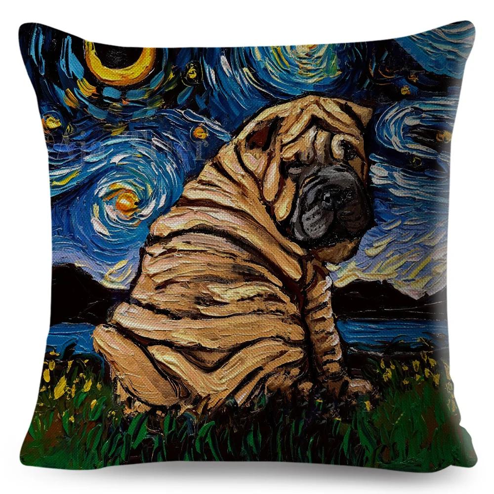 Both Sided Starry Sky Dog Cushion Cover Decor Oil Painting Cartoon Pet Animal Pillow Case for Sofa Home  Linen Pillowcase