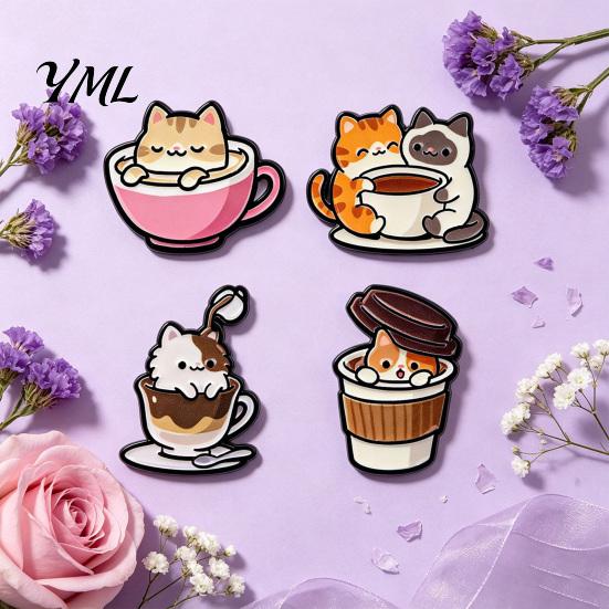 Clothing Embellishment Cartoon Coffee Cup Cat Brooch, Kitten Enamle Lapel Pin, Animal Pin Theme Alloy Badge, Accessories for Lovers Jewelry