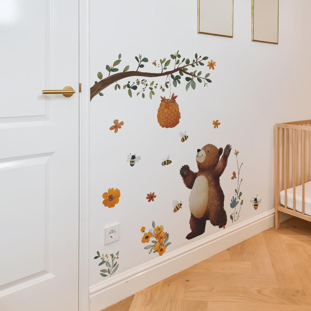 Cute Cartoon Bear with Honey Wall Sticker Sweet Nursery Decor for Bedroom Living Room Kids Room Self-Adhesive