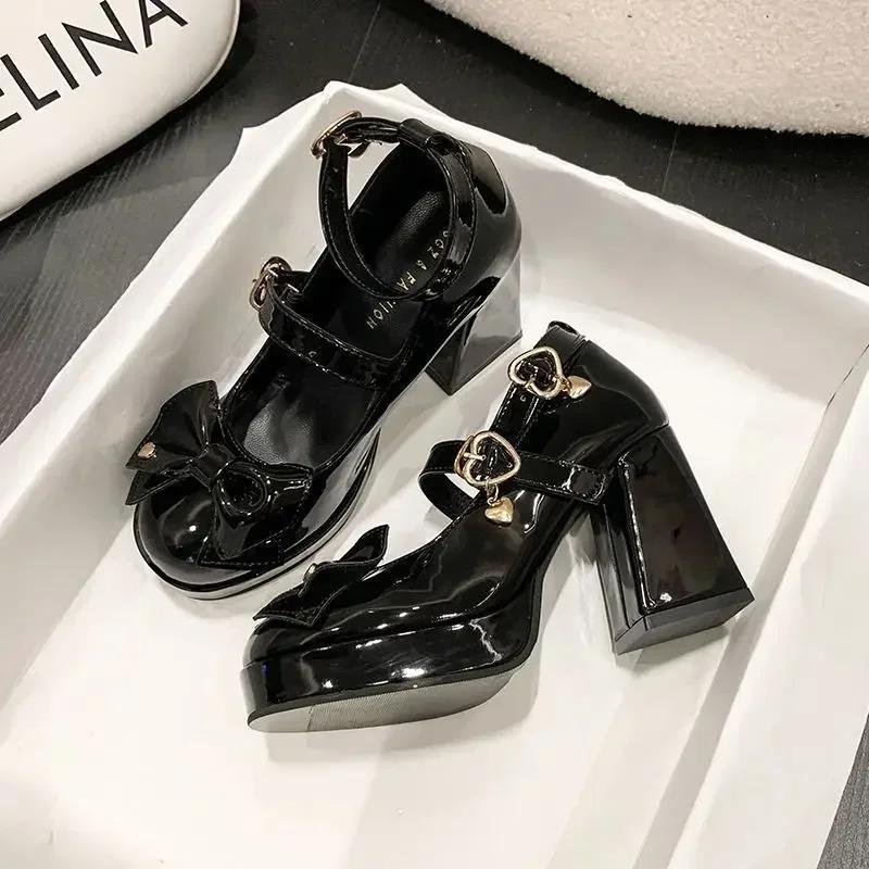 Punk Herz Schnalle Absatzschuhe für Damen Herbst Y2K Schwarze Klobige Plateau-Schuhe für Damen Schleife Dicker Absatz Gothic Schuhe