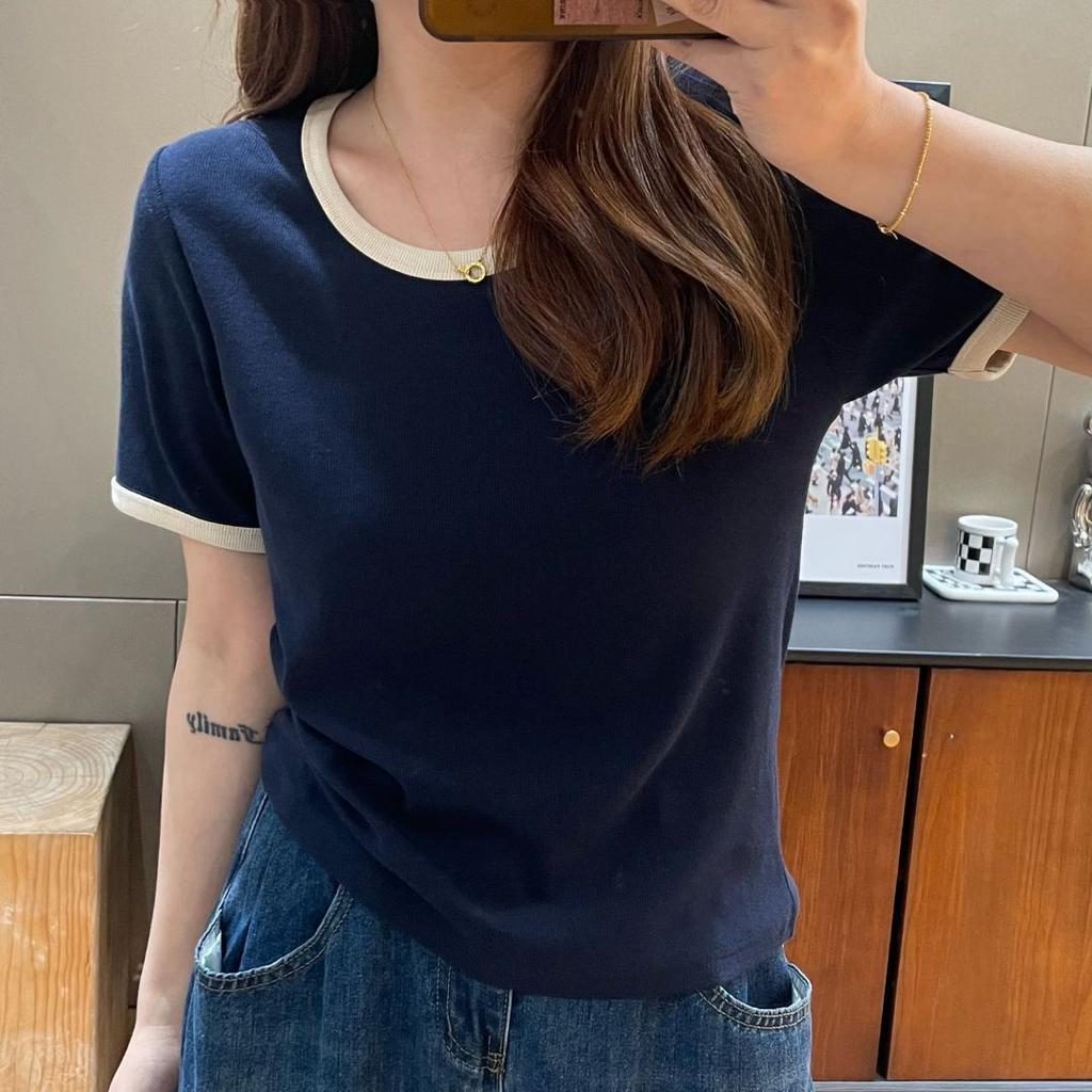 New contrasting color front shoulder U-neck short-sleeved T-shirt women's fashion versatile and thin top summer