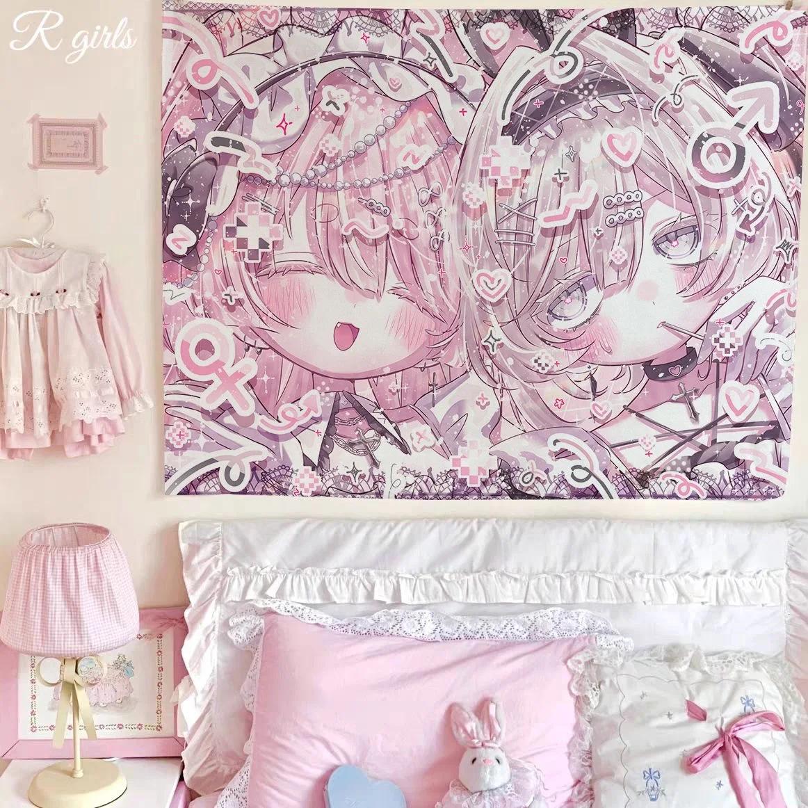 VIKAMA LolitaStyle Twin Girls Tapestry Pink Heart Bow Cartoon Anime Print Wall Hanging Bedroom Living Room Wall Decoration 74x94cm(29x37in)