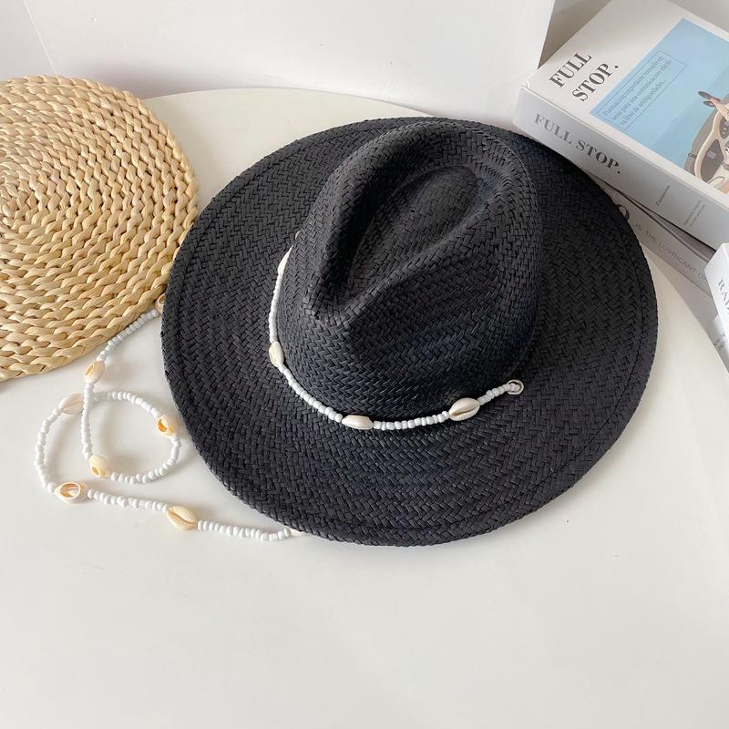 

Summer Panama Hats for Women Sun Hat with Long Shell Conch Chain Straw Hats Vintage Style Fedora Female Outdoor Travel Beach Hat M 56-58cm чорний