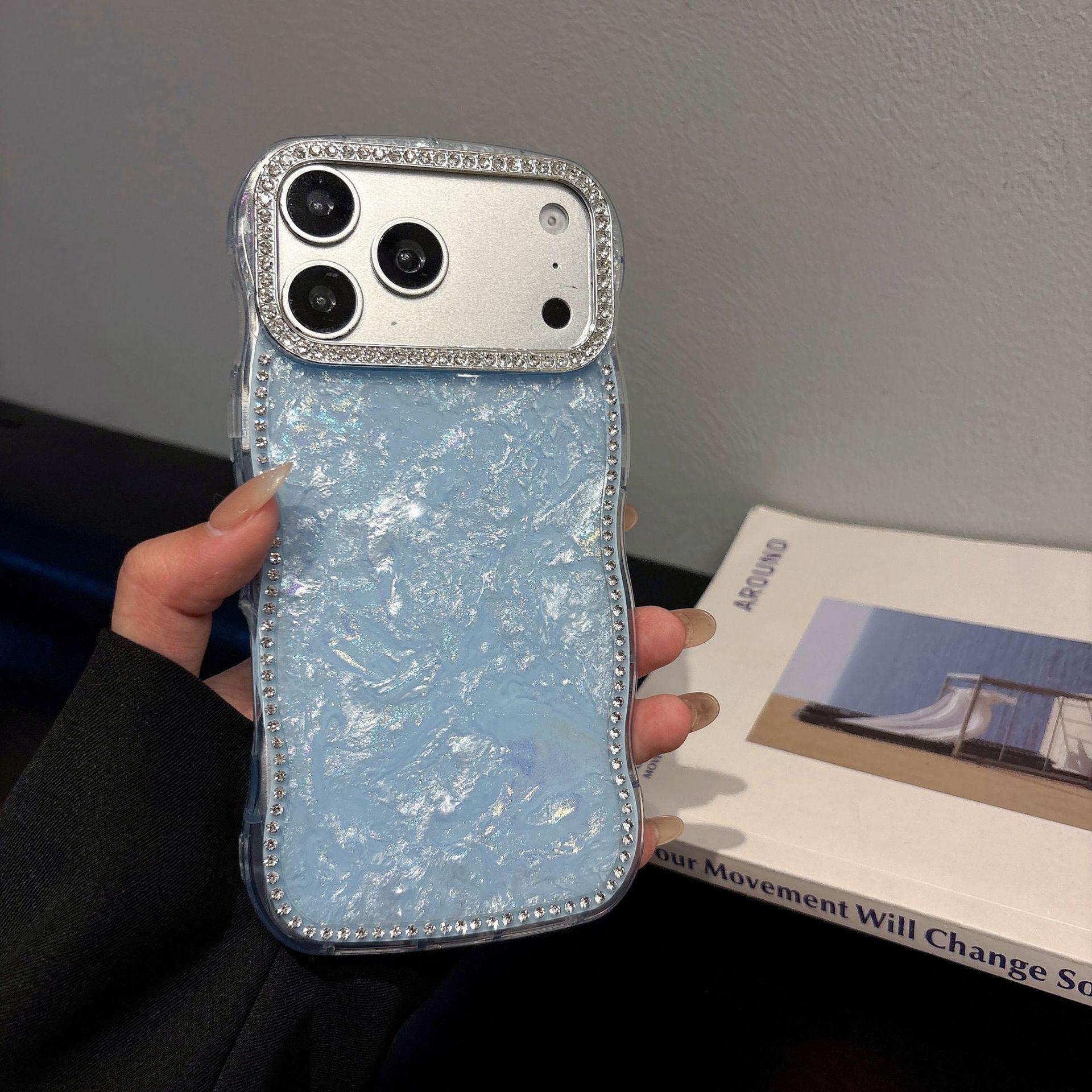

iPhone 17 Pro Max IMD Shell Texture Case with Side Rhinestones - Apple 16 Pro Full Coverage Anti-fall Protector iPhone 16 Pro Max небесно-голубой