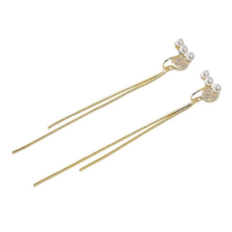 Mosquito coil disc ear clips, high-end temperament, three pearls, long fringed earrings, simple, no earrings, showing face and thin earrings.