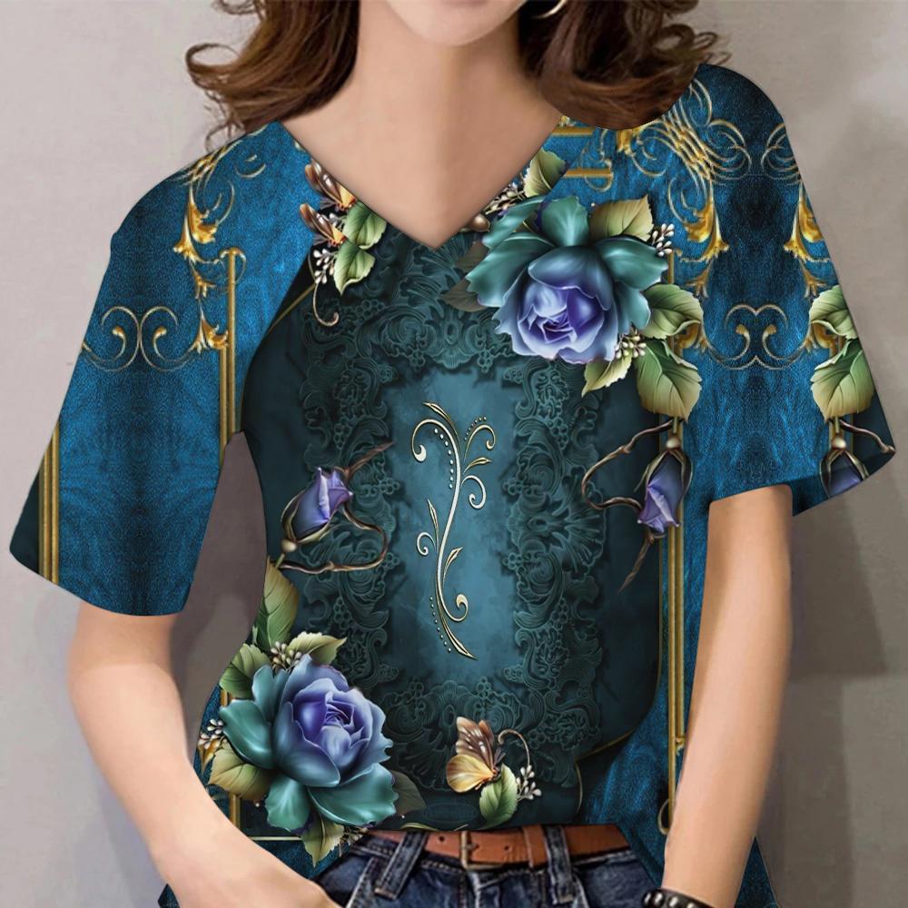 3D Floral Print Women Short Sleeve Tops V Neck Summer Lovers Couples T Shirt