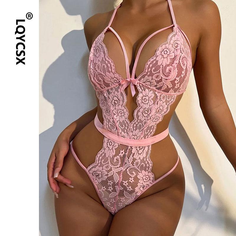 2023 Sexy Halter Underwear Deep V Bra Garters Briefs Set Porn Pajama Lace Collar Binding Leg Loop Perspective Femme Hot Lingerie