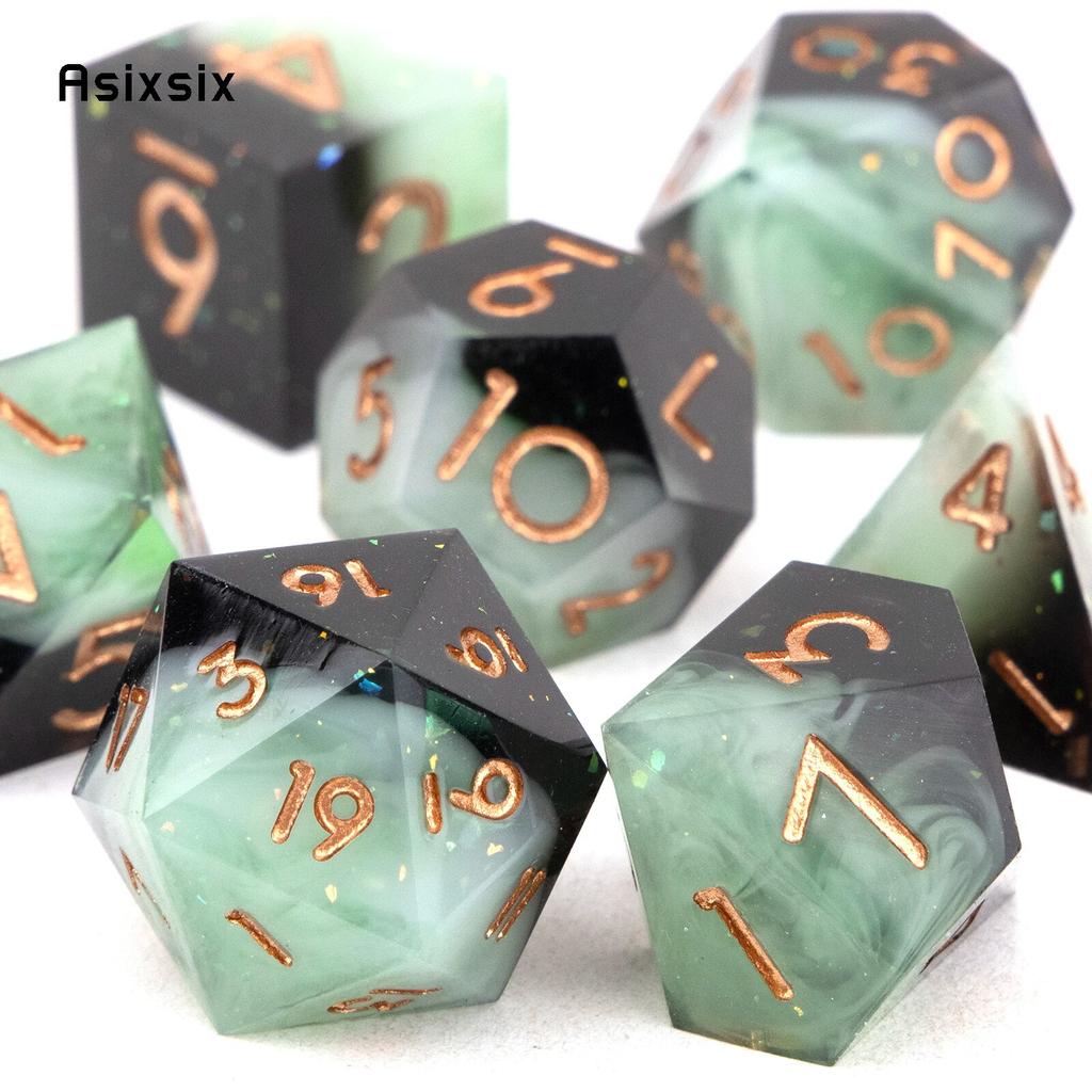 7 Pcs Black Green Golden Number Sharp Edge Resin Dice Polyhedral Dice Suitable for Role-Playing RPG    Board Game