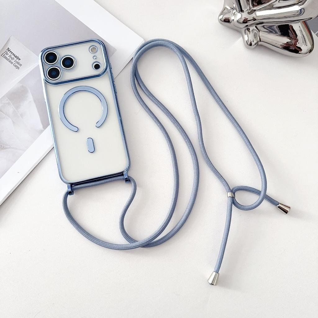 For iPhone 17 Pro Case Compatible with MagSafe Electroplating TPU Phone Cover with Long Lanyard