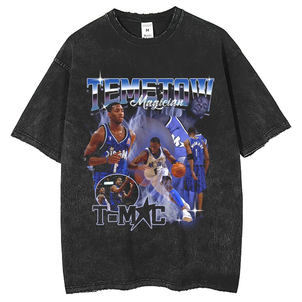 Maddie Basketball Print T-Shirt Heavy Washed Cotton Edged Retro Short Sleeves