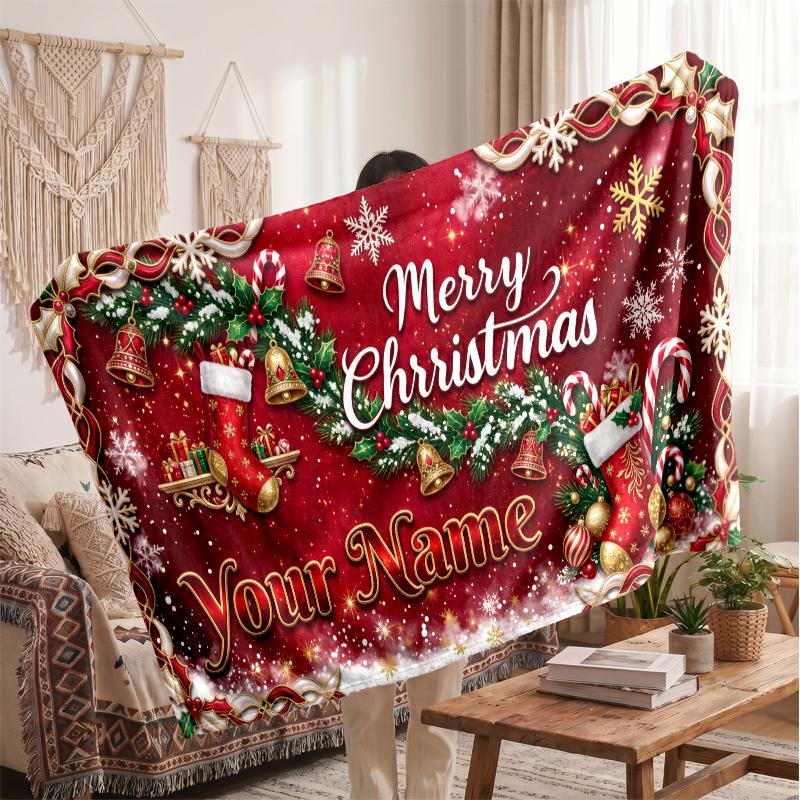 Christmas Custom Name Printed Flannel Blanket Warm Comfort Bed Throw Home Decor Holiday Gift