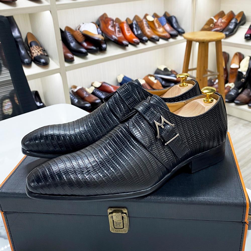 Fashion Luxury Genuine Leather Men's Oxford Shoes Burgundy Black Office Business Dress Loafers with Buckle Pointed Toe for Wedding