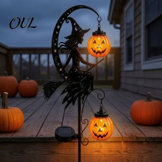 Dekorative Metall-Gartenstäbe Solar Halloween Gartenstecker-Licht, Automatisches Ein-/Ausschalten Halbmond Schwarze Katze mit Hängenden Gruseligen Außen-Terrassen-Akzenten Kürbis