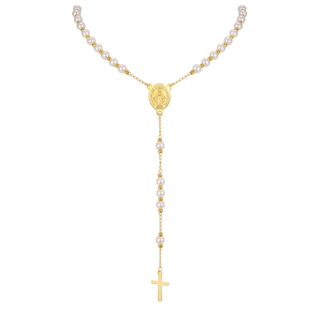 Rosary Pearls Beaded Cross Necklaces for Women, Virgin Mary Necklace, Non Tarnish Catholic Y Chain Crucifix Necklace Pendant