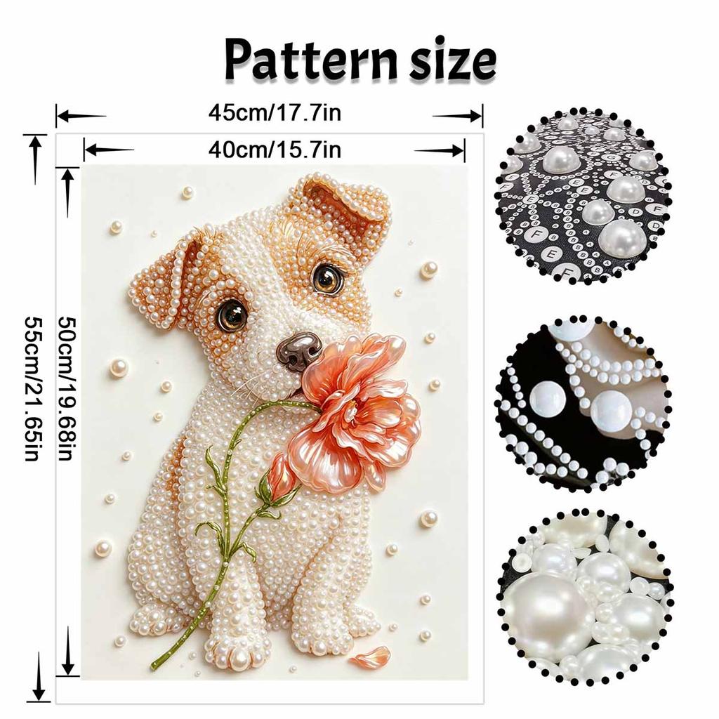 Easy DIY Framed Pearl Bead Painting Kit with Adorable Puppy and Flower 3D Sparkling Canvas Art for Home Decoration Gift Idea