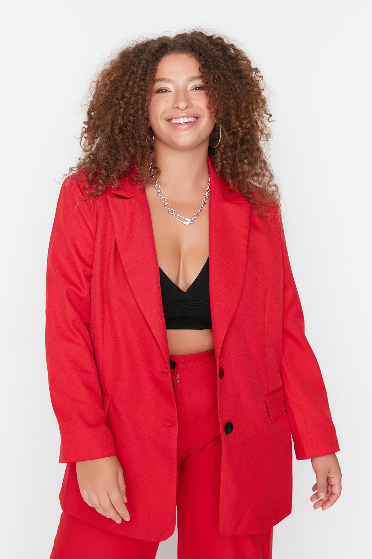 

Women s Plus Size Jacket Red Lined Oversize Wide Cut Blazer Woven Plus Size Fabric Jacket XL