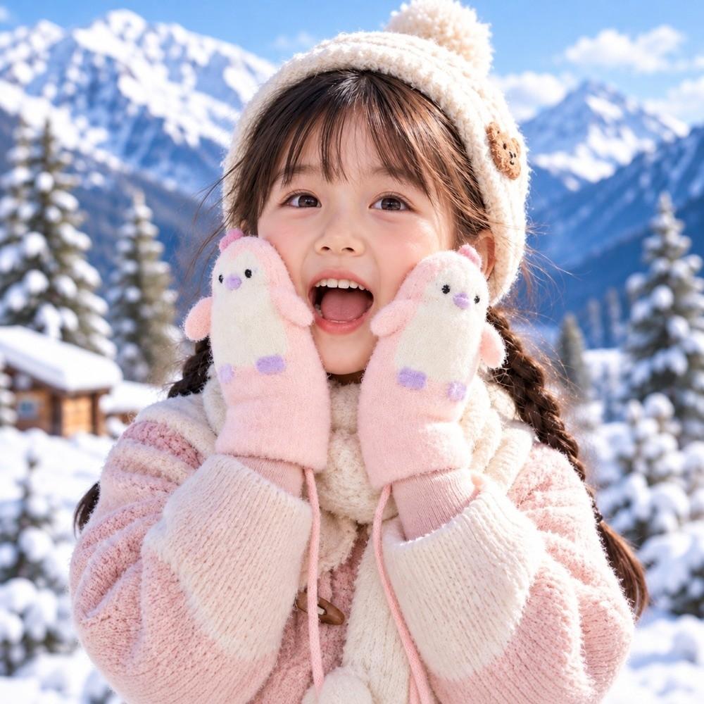 Anti Lost String Baby Winter Knit Glove Fleece Lined Student Cartoon Glove Daily Winter Wear