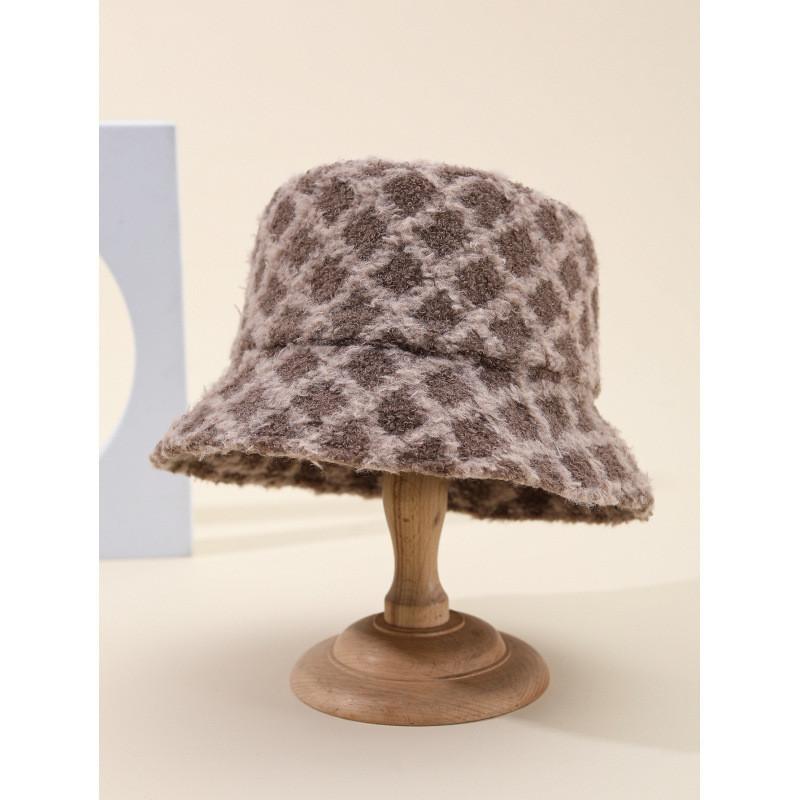 Winter Lady Bucket Hat With Plaid Pattern And Warm Fleece For Outdoor Casual Wear