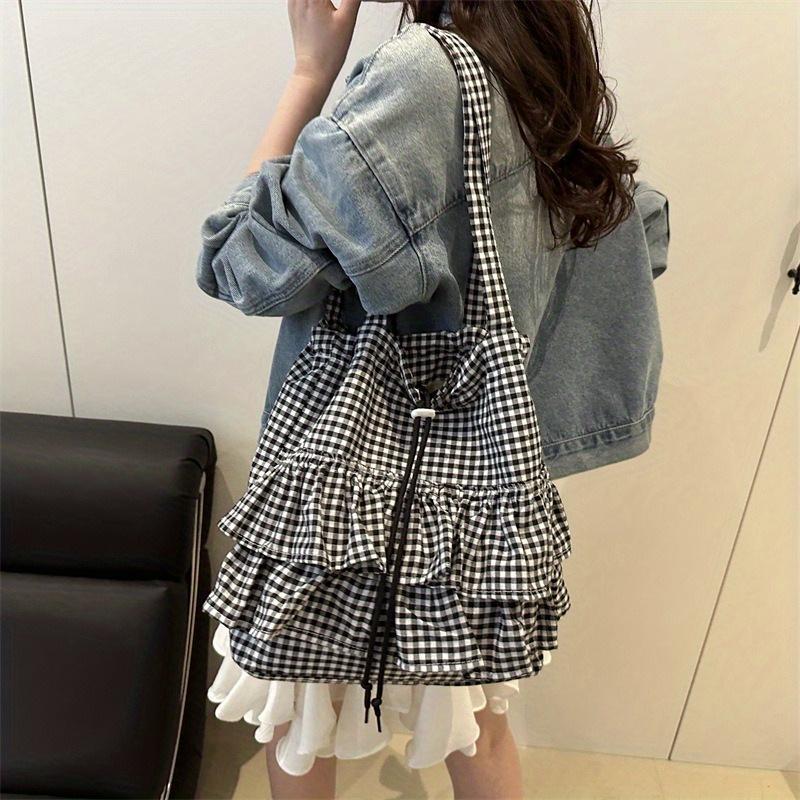 Women' Large Capacity Grid Tote Bag - Casual Plaid Handbag with Drawstring Closure, Shoulder Bag Suitable for Travel, Shopping & Everyday Use