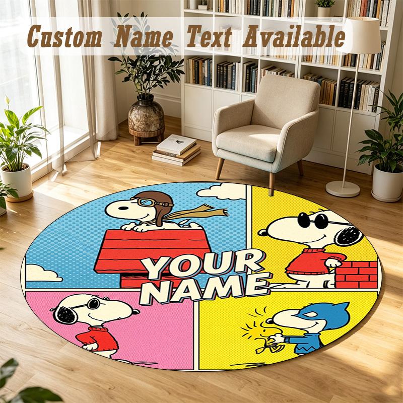 Snoopy Peanuts Personalized Round Rug Support Custom Name, Soft Home Decor Mat