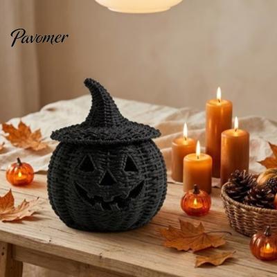 Versatile Entryway Ornament Faux Rattan Halloween Pumpkin Figurine, Black Resin Statue with Witch Coffee Shop Festive Display Hat, Rustic Wicker