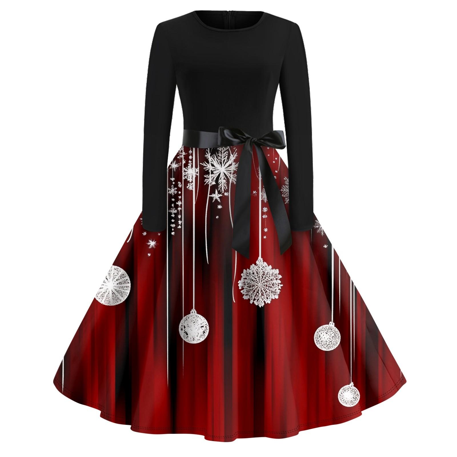 

Женское винтажное классическое платье с длинным рукавом и рождественским принтом, свободное платье с круглым вырезом S белый