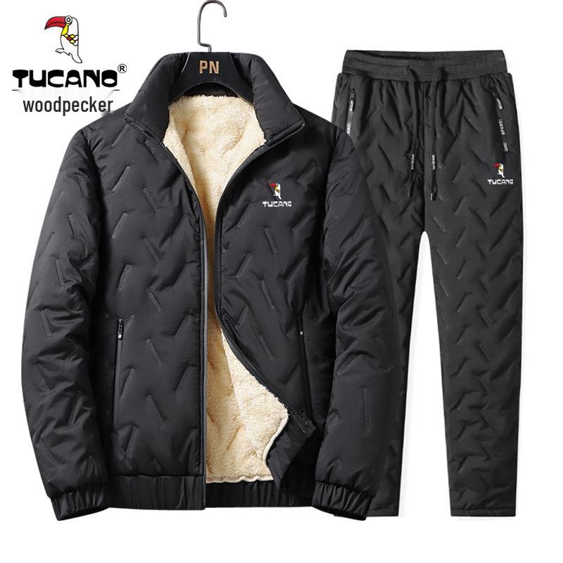 Woodpecker Men's Thickened Lamb Wool Suit: Autumn/Winter Plus Velvet Warm Jacket & Casual Long Pants