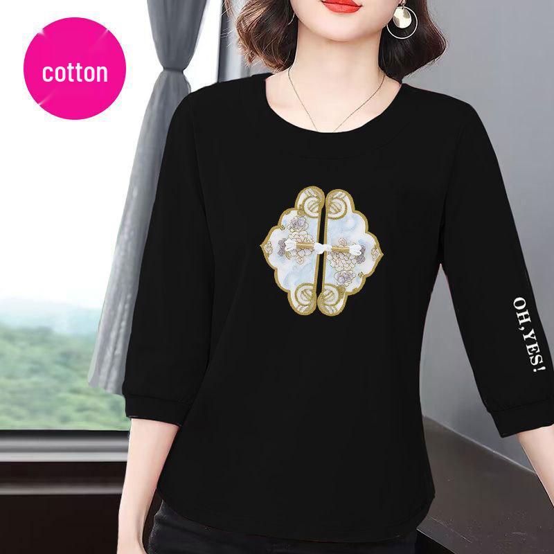 

2025 Korean Style Women s Cotton Seven-Sleeve Loose-Fit Slimming T-Shirt for Summer 2XL (125-140kg) чёрный