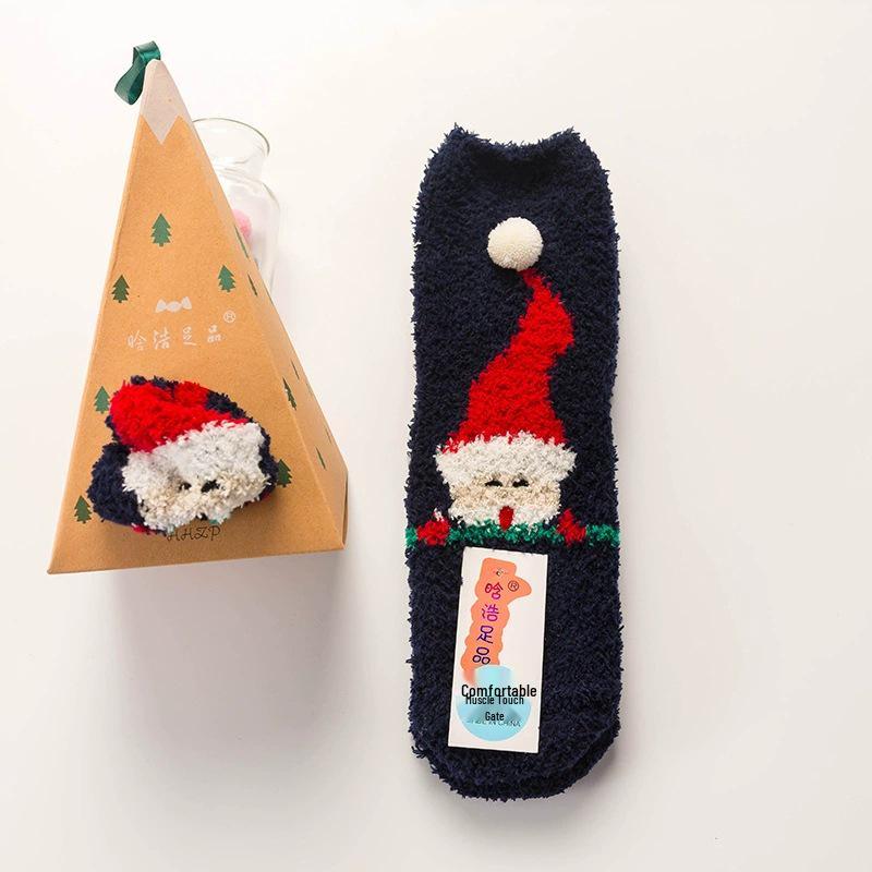Japanese Christmas Cartoon Socks: Cozy Coral Fleece with 3D Embroidery for Women