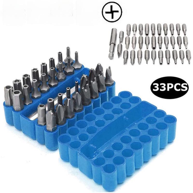 Set de accesorii pentru bormașină electrică, 33 de piese: Biți hexagonali, cu vârf plat, cu trei și patru gheare, cu crestătură și cu vârf deschis