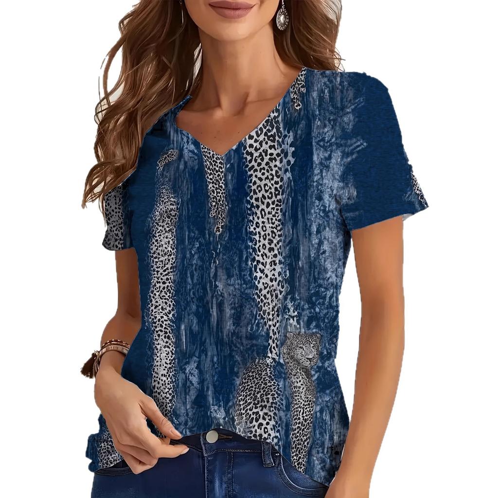 Blumen-Streifen-Print V-Ausschnitt Kurzarm T-Shirt Vielseitiges Bequemes Modisches Lässiges Damen T-Shirt
