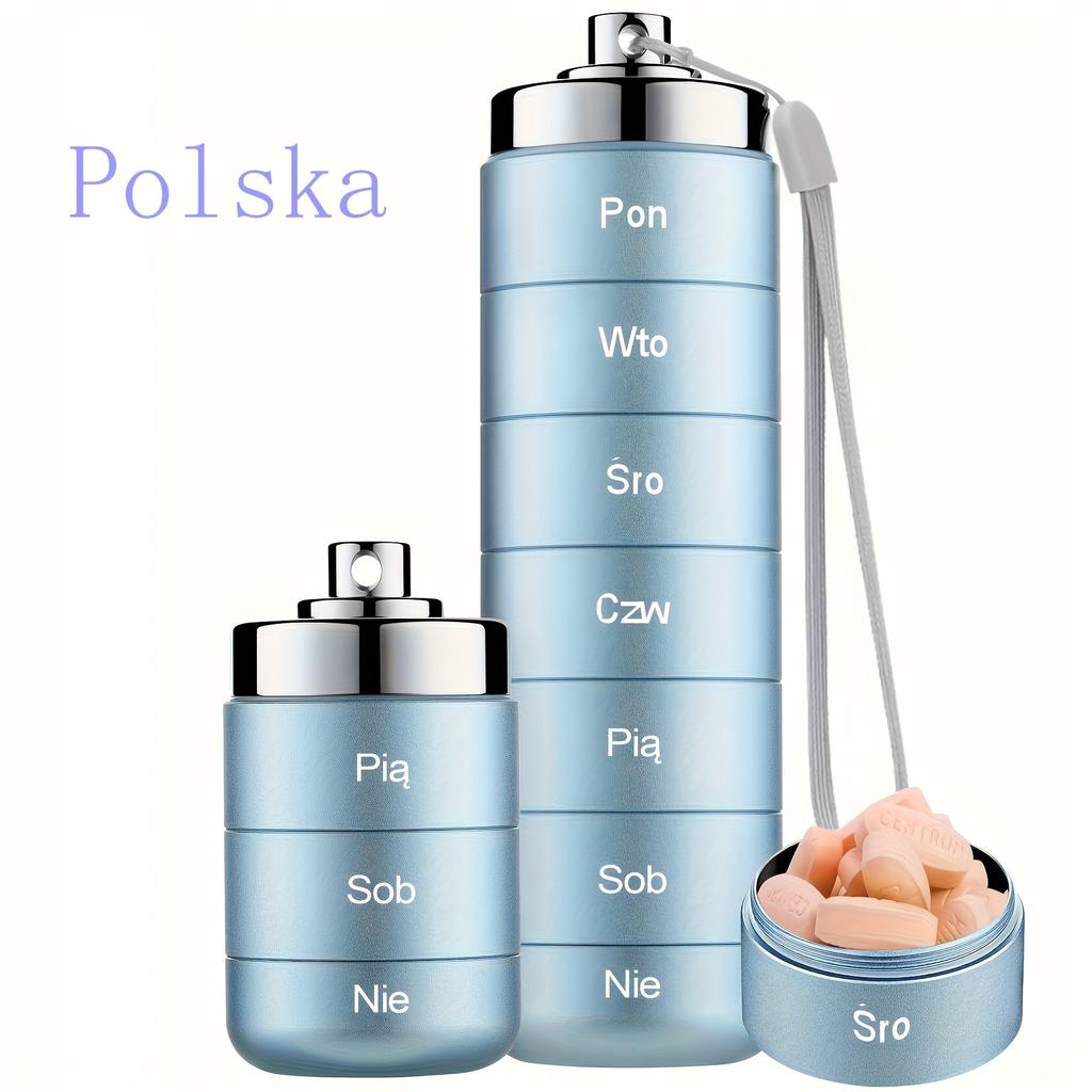 [Polish printing]Metal Travel Pill Organizer, Portable 7 Day Vitamin Organizer Stackable, Waterproof 1 Times A Day Pill Box